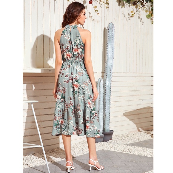 Floral Print Pastel Green Halter Neck Midi Dress - Picture 3 of 7